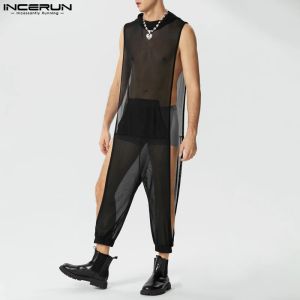 Overaller incerun män jumpsuits mesh transparent huva split ärmlösa rompers män streetwear 2023 solid personlighet han overall s5xl