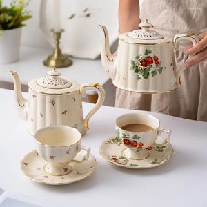 TEAWARE SETS Flower Kettle Cafe Party Drinkware 800 ml White Gold Teapot Bone China Coffee Cup Saucer Set 220 ml Ceramic Mug Porcelain Tea