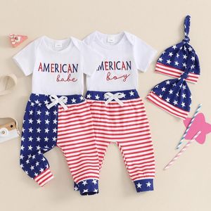 Giyim setleri 4 Temmuz Bebek Kızlar Erkek Kıyafetler Mektup İşlemeli Striper Stripe Stars Baskı Uzun Pantolon Şapkası 3 PCS Giysileri Set