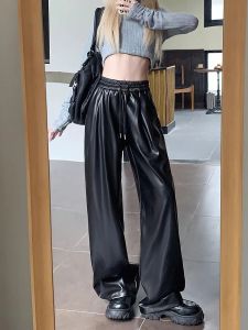 Pants Wide Leg Faux Leather Pants Men Work Wear Autumn Casual Straight Baggy Long Trousers Vintage Drape High Waist Korean New