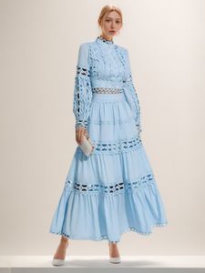 Frauen Lady Ausschnitte Stickereien blau weißes Kleid Set Maxi Langer Rock weibliche Urlaubsferien Kleider kostenlos Schiff 3525