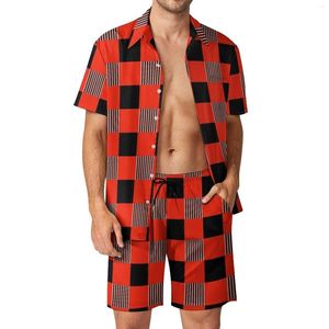 Мужские спортивные костюмы Hard Gingham Men устанавливает красные и черные повседневные рубашки, набор гавайских пляжных шорт летний костюм 2 одежды Большой размер