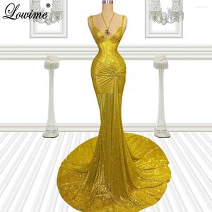 Party Dresses Sparkly Yellow Sequins Evening Spaghetti Mermaid Gowns Vestidos De Gala Fashion Prom Custom