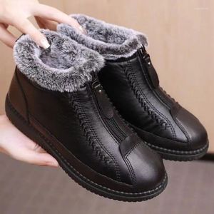 Stiefel Mamas Baumwollschuhe Winter wasserdichte Leder Schnee Kurzweit warm warm warm vordere Reißverschluss Weiche Sohle flache Frauen Knöchelstiefel