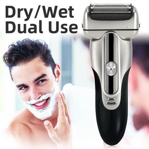 Barbeador elétrico seco molhado de 3 lâminas para homens barba barba 3d tripla lâmina flutuante lâmina lavável Máquina de barbear facial recarregável 240420