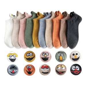 Socks 10 Pairs Spring Women's Ankle Socks Kawaii Cartoon Smile Face Embroidery Summer Funny Expression Cute Cotton Female Short Socks