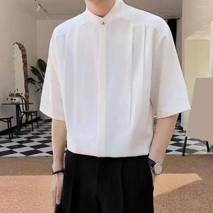 Men's Casual Shirts Ice Silk Men Shirt Stylish Stand Collar Cardigan For Summer Business Office Wear Pleated Loose Fit Half