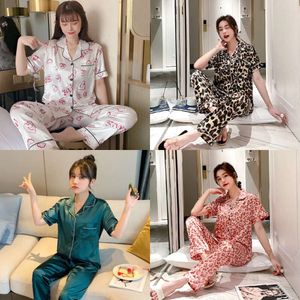 Silk est pamas för kvinnor söt leopard pajamas kvinna elegant kort ärm lång byxa hemkläder damer sömnkläder uppsättningar 220421