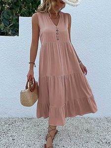 Grundläggande avslappnade klänningar Jim Nora Casual Summer Midi Dress Women Sleeveless Tank V Neck Button Ruffle Loose Dresses Beach Soild Sundress Fashionl2404