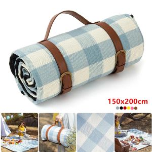 Mat Picnic Camping Bay Play tappetino, coperta a quadri, materasso a prova di umidità, tappetino da spiaggia, cuscino con cinturino in pelle, 150x200 cm