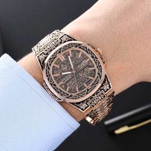 Wristwatches Fashion Luxury Brand High Quality Men Quartz Watches Vintage Flower Pattern Carving Wristwatch Full Stainless Steel Relogio Saat 240423