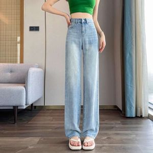 Jeans kvinnor sommar ny lös hög midja bantning och drapering känns andas raka ben casual byxor