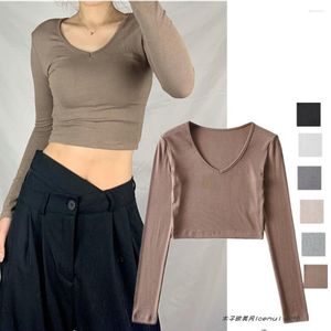 Women's T Shirts American Threaded Undershirt High Waist Spring And Autumn Sexy V-neck Midriff-Baring Slim Long Sleeve Top Short Inner