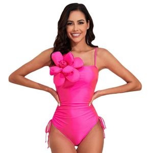 Women Swimsuit One Piece Bathing Suit Side Tie Monokini Magenta Spaghetti Strap Square Neck Swimwear with Flower Applqieu