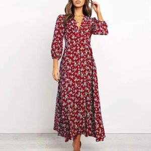 Kadın Uzun Kollu Bohem Çiçek Maksi Elbiseler Gevşek Gündelik Yüksek Bel Basılı Baskılı Elbise Plaj Zarif Kadın Dresleri 240419