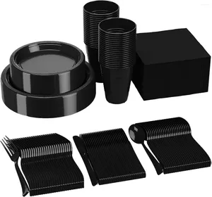 Disposable Dinnerware 350 Cutlery Set Includes: Black Plastic Dinner Plate Appetizer Cup Paper Napkin