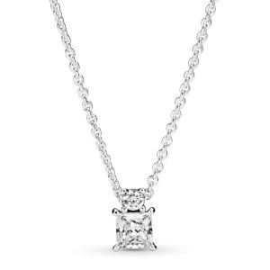 Necklaces Original Sparkling Collier Round & Square Pendant Necklace For Women 925 Sterling Silver Bead Charm Necklace Fashion Jewelry