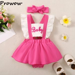 Endelar Prowow Baby Girls Summer 2024 Kläder Backless Hot Pink Bodysuit Dress for Newborns Letter 