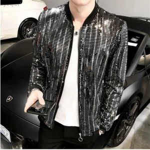 Men's Jackets Y2K Spring New Sequin Bomber Jacket Mens Long sleeved Flash Zipper Thin Coat Hip Hop Loose Nightclub Street Clothing Coat TechwearL2404