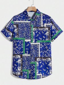 Mäns casual skjortor lapel skjorta hawaiian mönster lapptäcke tryck design kvinnors korta ärm strandknapp ner toppen