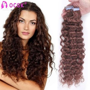 Le parrucche nastro nei capelli umani Extensions Deep Wave 20 pezzi/set adesivi senza cucitura per capelli brasiliani Brasile Distrema nastro di trama riccia Auburn Brown