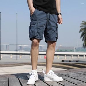 Men's Shorts Summer Preppy Style Solid Pockets Button Zipper Bandage Vacation High Waisted Casual Loose Vintage Knee Length Sgym