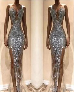 Sparkly Silver Mermaid Prom Dresses 2022 Sexig Se genom paljetter Bodice Split Long Women Eccase aftonklänningar skräddarsydda BC0625532256