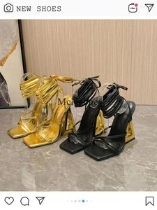 Sandały złote i czarne letnie kobiety moda seksowna styl masywny wysokie obcasy kwadratowe palec krzyżowy