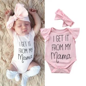 One-Pieces Newborn Clothes Baby Girls Letter Print Oneck Bodysuit + Bow Headband Kids 2pc Set Toddler Girl Cotton Sleeveless Ruffle Outfit