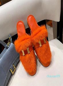 2021 Designer Wool Kaptety Kobiety Princetown Kelly Top Fox Mink Hair Sandals Metal Buty łańcuchowe zimowe Pluszowe na zewnątrz ciepłe mokasyny 56859678910