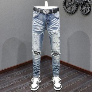Herren Jeans High Street Mody Patch Vintage Blue Elastic Tick Split Leder Spleißdesigner Hip Hop Brandhose