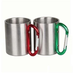 Stock 220ml in Mugs Wholesale Outdoor Stainless Steel Coffee Mug Travel Cam Cup Carabiner Aluminium Hook Double Wall Camp Equipment Dh6om Staless Caraber Alumium p