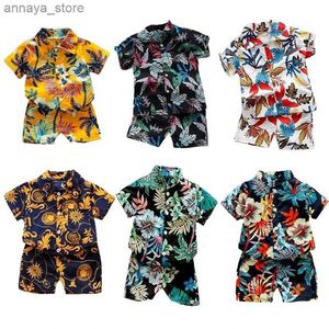 T-shirts 1-6 Year Baby Boys Floral Printed Clothes Set Summer Girl Short Sleeve Childrens Shirt Top+Pants 2Pcs Kids Holiday Beach OutfitL2404