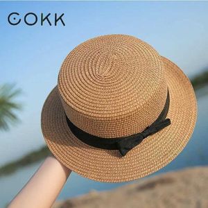 Breite Krempelnhüte Eimer Hats Cokk Panama einfache Sommer Beach Hut weibliche Lady Lady Flat Rand Bowknot Strohhut Mädchen Sonne Hut Chapeu Feminino 240424