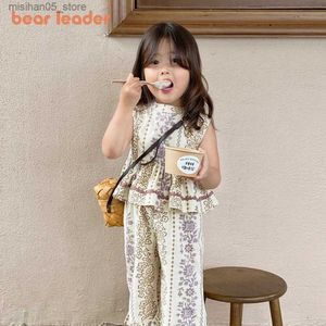 衣料品セットベアリーダー韓国の子供用衣服2023サマーガールセットガールタンクトップパンツ2ピースチャイルドレンズビーチリゾートセットエキゾチックQ240425