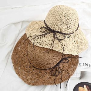 ワイドブリム帽子バケツ帽子新しい女性レジャー旅行供給日焼け止めビーチハットラフィアストラハットボウロープデコレーションストラハットJ240425