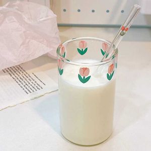 Tumblers 320ml Printing Iced Juice Glass Cup Straw Milk Breakfast Clear Heat Resistant Tea Coffee Water H240425