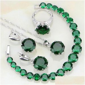 Armbandhalsband sätter 925 Sterling Sier smycken gröna födelsestenar Vit zirkon för kvinnor partyring/örhänge/hänge/halsband/Brac Dh529
