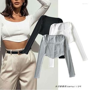 Women's T Shirts American-Style Tight Stretch-Fit T-shirt Spring High Waist Short Chest Flattering Bottoming Sunken Stripe Long Sleeve Shirt