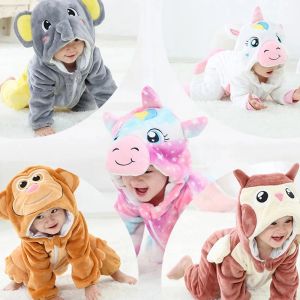 Jednoczęściowe baby cartoomn romper zimowy kostium kigurumi dla chłopców dziewczęta flanel flanorn lion panda kaczka kombinezon niemowlę dzieci dzieci piżama