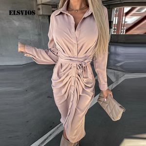 Ladies Elegant Solid Fold Irregular Skirt Casual Long Sleeves Ttrn-down Collar Button Cardigan Shirt Dress Spring Summer Dresses 240417