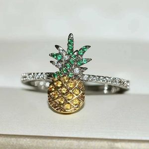 Pierścienie zespołowe 2019 Fashion Cute Fruit Pinasapple Pierścień żółty/biały złoty kolor 5a Cuubic Cyrronia Kobiet Monaco Mase Party Jewelry H240425