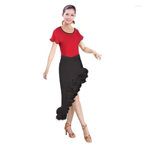 Stage Wear Latin Dance Practice Skirt Double Layered Ruffled Edge Fishbone Voucher Diagonal Square Denim Rumba Samba