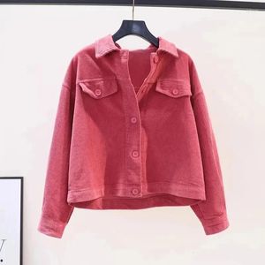 Women's Jackets Rose Red Corduroy Short Jacket Coat Long Sleeved Loose Casual Shirt 2024 Spring Autumn Tops Female