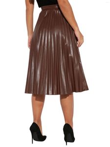 Röcke Frauen Segant Faux Leder Midi Rock Vintage hohe Taille Solid Color Reißverschluss Up Fleuled Flare eine Linie