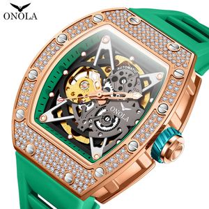 Onola Fashion Diamante completo novo relógio totalmente automático relógio mecânico masculino fita de silicone masculino à prova d'água