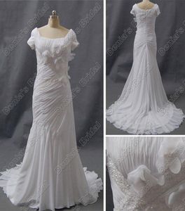 Modest Short Sleeve Wedding Dress Sheath Square Neckline Ruched 3D Flowers Beaded Court Train DB338436113