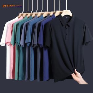 Najwyższej klasy Summer Solid Kolor Polo Men Lapel Business Casual krótkie rękawie Mężczyźni marka moda na lód jedwab no ślady T-shirt 240412