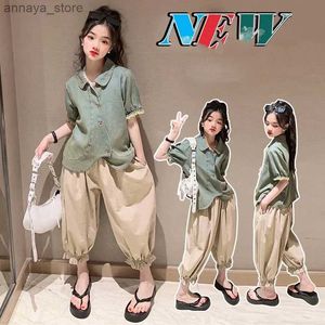 T-shirts Korean Summer Children Girl 2PCS Clothes Set School Girl Irregular Denim Short-Sleeved Tops+Cotton Lantern Pants Set For GirlsL2404