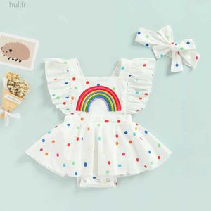 Rompers Hot Newborn Infant Baby Girls Princess Rainbow Dots Pattern Ruffle Sleeve Romper Dress Clothes Outfit 2024 Summer white dress d240425